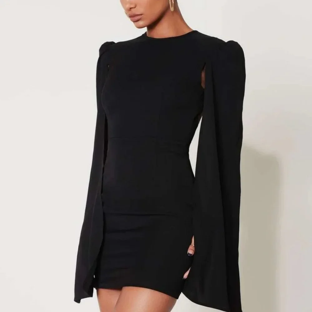 Black Open Back Zip Up Cloak Sleeve Mini Dress - Picture 3 of 6